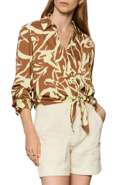 Sanctuary Lover Print Tie Hem Crop Sateen Shirt In Brown