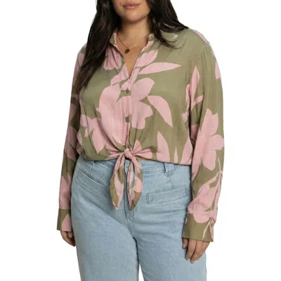 Sanctuary Lover Print Tie Hem Crop Sateen Shirt In Green