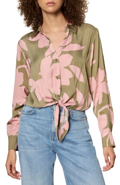 Sanctuary Lover Tie Long Sleeve Floral Shirt In Pink Silhouette In Multi