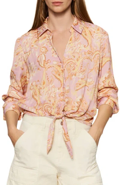 Sanctuary Lover Print Tie Hem Crop Sateen Shirt In Pink