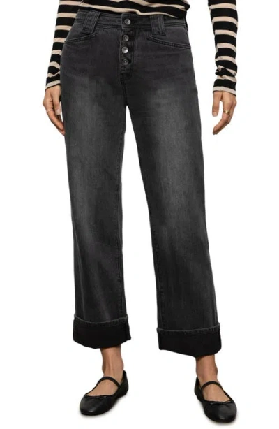Sanctuary Luna Button Fly High Waist Cuff Straight Leg Jeans In Dark Smoke
