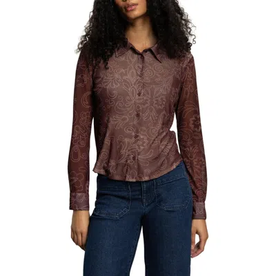 Sanctuary Mesh Button-down Shirt In Brown