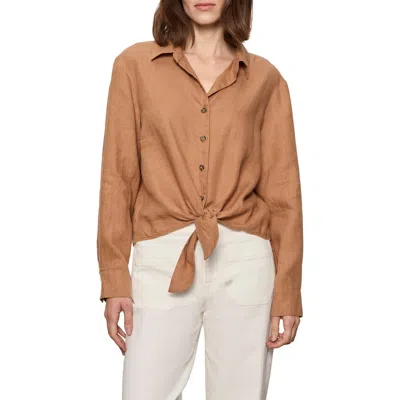 Sanctuary More Love Tie Front Linen Blend Top In Brown
