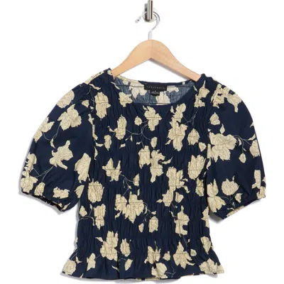 Sanctuary Nanette Floral Puff Sleeve Smocked Crop Top In Blue