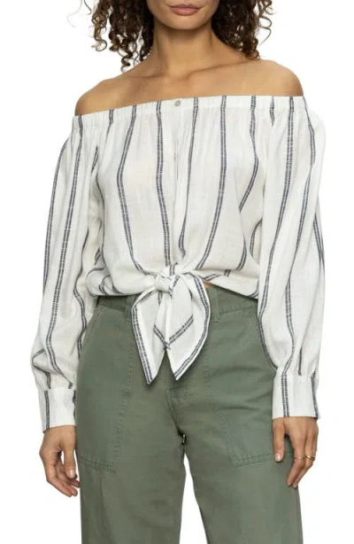 Sanctuary Off The Shoulder Ballet Tie Long Sleeve Shirt In Neutral
