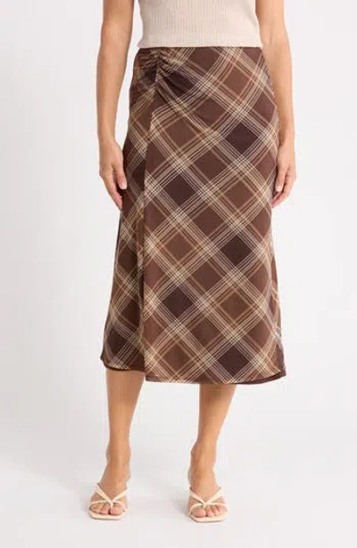 Sanctuary On The Way Printed Midi Skirt In Lisette Brown Plaid