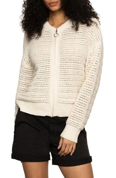 Sanctuary Open Knit Bomber Crewneck Cardigan Sweater In Gray