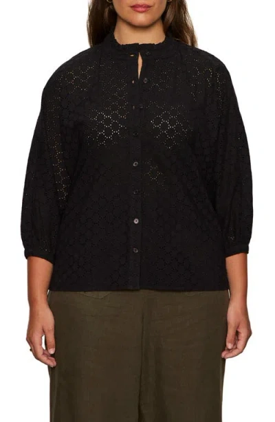 Sanctuary Petal Drop Eyelet Embroidered Button-up Top In Black