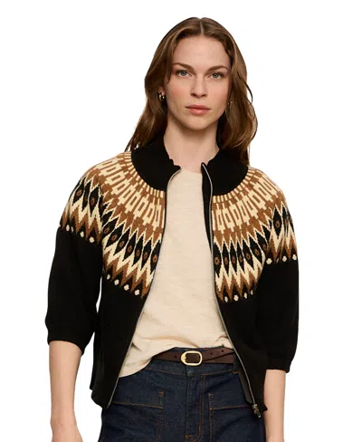 Sanctuary Petite Fair Isle Mock Neck Short-sleeve Zip-up Cardigan In Poconos Fairisle