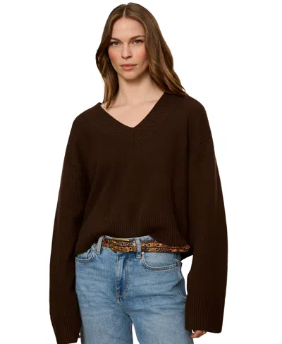 Sanctuary Petite Vanna V-neck Long-sleeve Ribbed Sweater In Brown