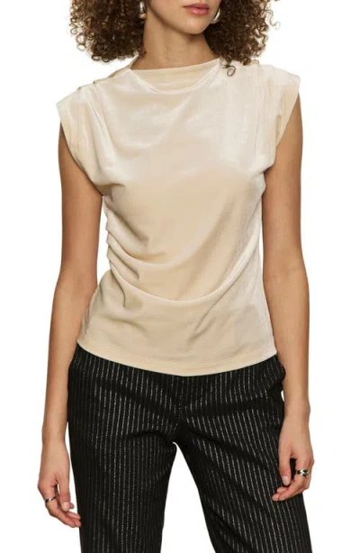 Sanctuary Pleated Sleeve Side Ruched Velvet Top In Neutral
