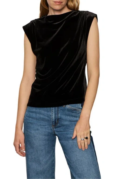 Sanctuary Pleated Sleeve Side Ruched Velvet Top In Black