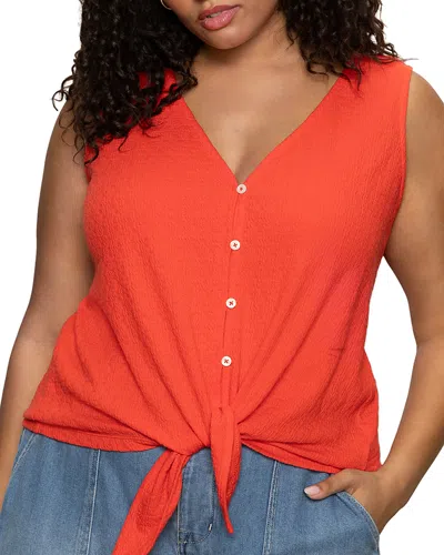 Sanctuary Vacation Textured Tie Front Button-up Tank In Orange