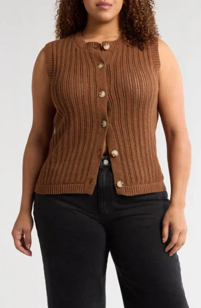 Sanctuary Pointelle Stitch Cotton Button-up Sweater Vest In Sepia