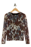 Sanctuary Print Long Sleeve Sheer Top In Brown