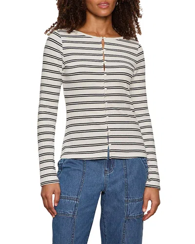 Sanctuary Stripe Button Front Long Sleeve Rib Top In Neutral
