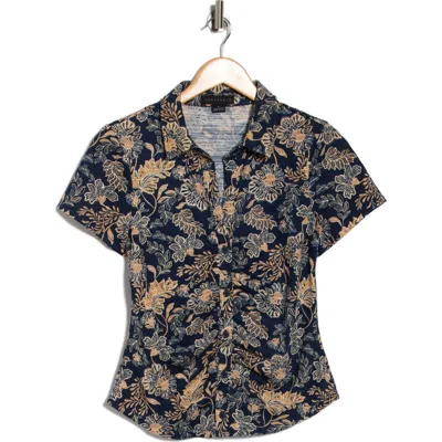 Sanctuary Ruched Short Sleeve Button-up Top In Black