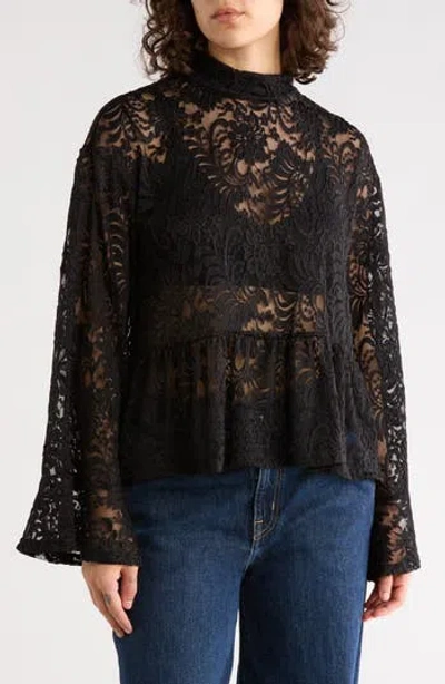 Sanctuary Ruffle Long Sleeve Lace Top In Black