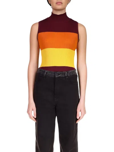 Sanctuary Sleeveless Mock Neck Top In Dark Cherry Pumpkin Stripe In Multi