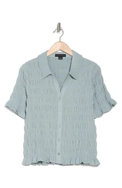 Sanctuary Smocked Short Sleeve Button-up Shirt In Bluegrass