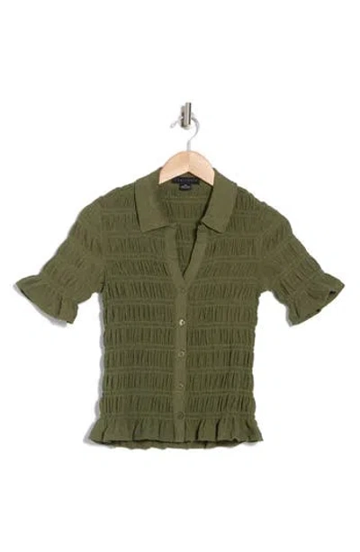 Sanctuary Smocked Short Sleeve Button-up Shirt In Willow