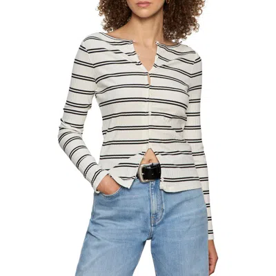 Sanctuary Stripe Button Front Long Sleeve Rib Top In Neutral