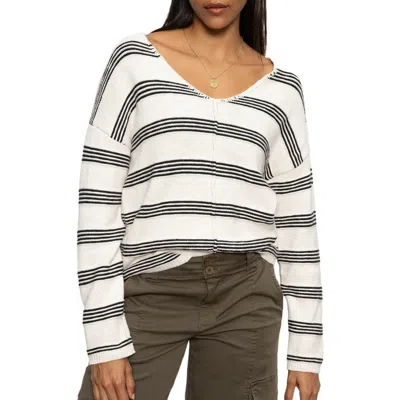 SANCTUARY SANCTUARY STRIPE COTTON V-NECK SWEATER
