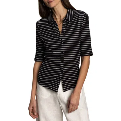 Sanctuary Stripe Elbow Sleeve Rib Button-up Shirt In Black Chalk