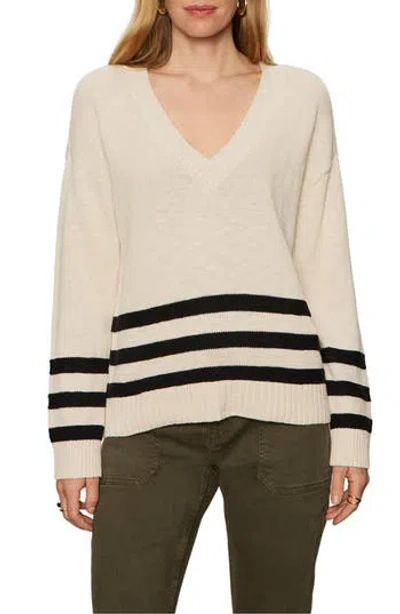 Sanctuary Stripe Hem V-neck Cotton Sweater In Neutral