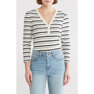 Sanctuary Stripe Long Sleeve Henley T-shirt In Milk Blue