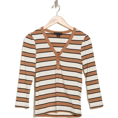 Sanctuary Stripe Long Sleeve Henley T-shirt In Milk Cafe