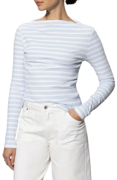 Sanctuary Stripe Rib Boat Neck Stretch Cotton Top In Sky Blue