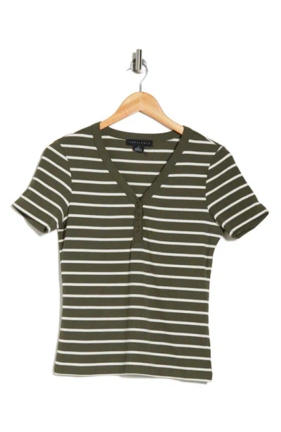 Sanctuary Stripe Short Sleeve Ribbed Henley In Green