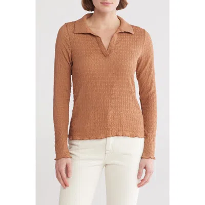 Sanctuary Textured Long Sleeve Polo In Cafe Ole