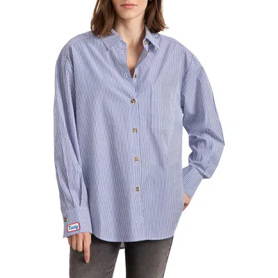 Sanctuary The Doctor Is In Back Graphic Stripe Cotton Button-up Shirt In Blue