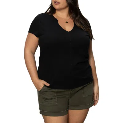 Sanctuary The New Girl Split Neck Cotton T-shirt In Black