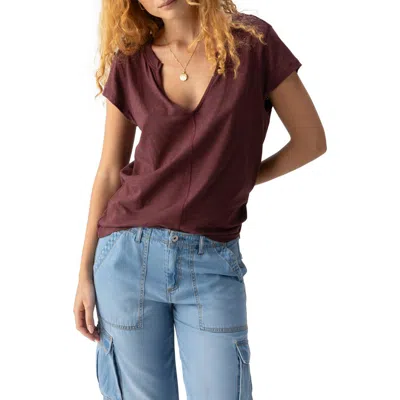 Sanctuary The New Girl Split Neck Cotton T-shirt In Dark Cherry