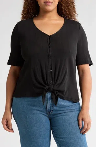 Sanctuary Tie Front Cotton Pointelle Top In Black