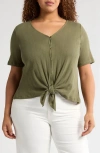 Sanctuary Tie Front Cotton Pointelle Top In Green