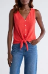 Sanctuary Vacation Textured Tie Front Button-up Tank In Red
