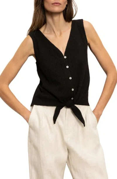 Sanctuary Vacation Textured Tie Front Button-up Tank In Black