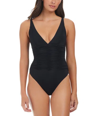 Sanctuary Women's Beach Goddess Excess Shirred Mio One-piece Swimsuit In Black