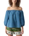 Sanctuary Beach To Bar Off The Shoulder Chambray Top In Bit Of Blue Wash