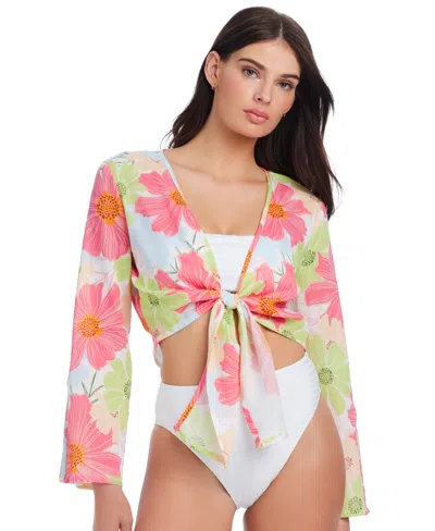Sanctuary Floral Crinkle Crop Tie Front Top In White