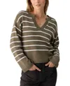 Sanctuary Chill Vibes Stripe Cotton V-neck Sweater In B. Olive Stripe