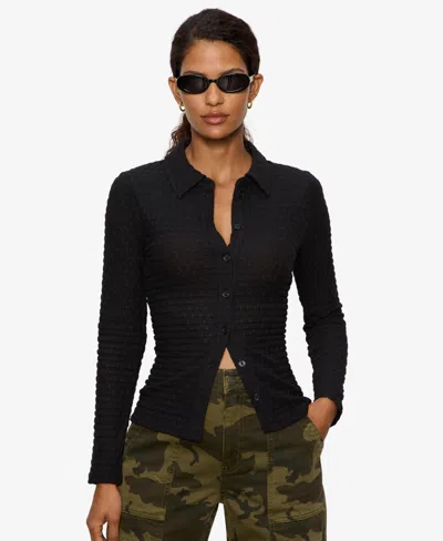 Sanctuary Dreamer Textured Bubble Knit Button-up Shirt In Black