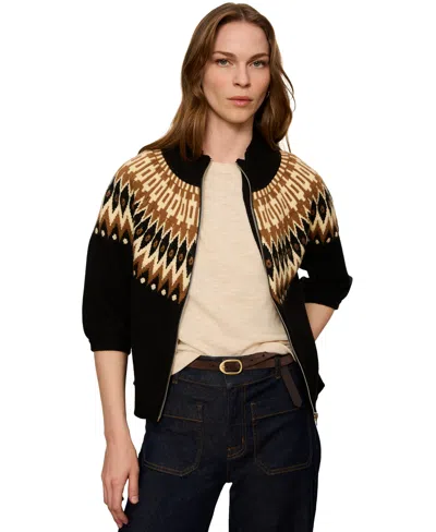 Sanctuary Women's Fairisle Zip-up Short Sleeve Semi-cropped Cardigan In Black