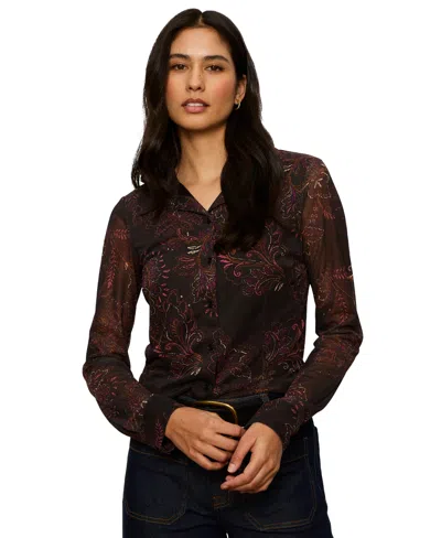 Sanctuary Women's Fitted Mesh Button Down Top In Midnight Looms