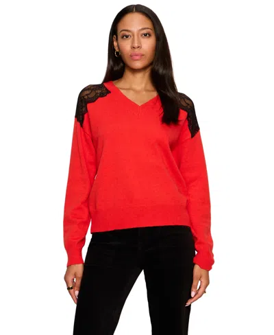 Sanctuary Women's Lace Detail V-neck Long-sleeve Sweater In Red Hot