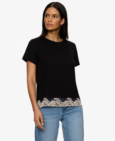 Sanctuary Women's Lace-hem Crewneck T-shirt In Black